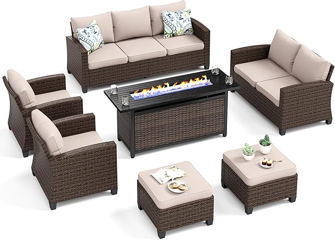 Patio Furniture Set, 7 Pcs Wicker Outdoor Conversation Set, 2 x Leg Chairs, 1 x 3 Seater Sofa, 1 x 2-Seat Lover Sofa and 2 x Ottomans with 4" Thick Cushion and 56" Fire Pit Table, Beige