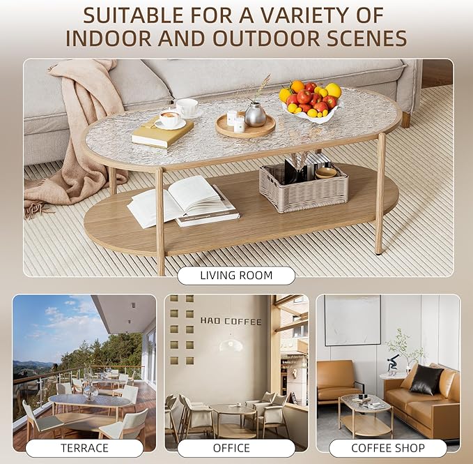 Glass Coffee Table, 44” Tea Dinner Table 2-Tier Oval Center Table Wave Pattern Tempered Glass Table Top With Anti Slip Pads, for Living Room Office Cafe Reception Room Small Space Apartment