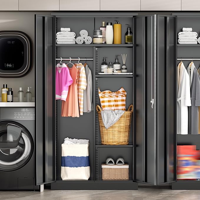 Greenvelly Metal Wardrobe Cabinet with Locking Doors, 72"H Black Metal Wardrobe Closet with Hanging Rods and Adjustable Shelves, Clothing Storage Closet for Home, Office, Employee, Gym (18" D x 36” W)