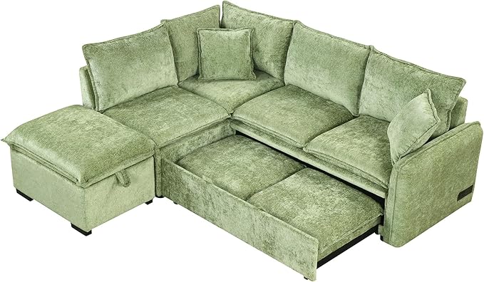 ERYE L-Shaped Corner Chenille Upholstered Sleeper Sectional Sofa Practical Convertible Sleep Sofabed W/Pull Out Sleep Couch Bed, Storage Ottoman and USB Charge Ports for Living Room