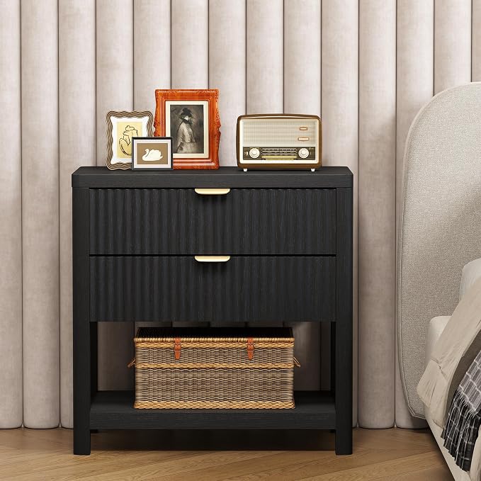 ROCSUMOO Fluted Nightstand with 2 Drawers, Black Night Stand with Open Store, Wooden Bed Side Table, Slide Smooth Easily Open Load Capacity: 66 lb (Black) - Image 5
