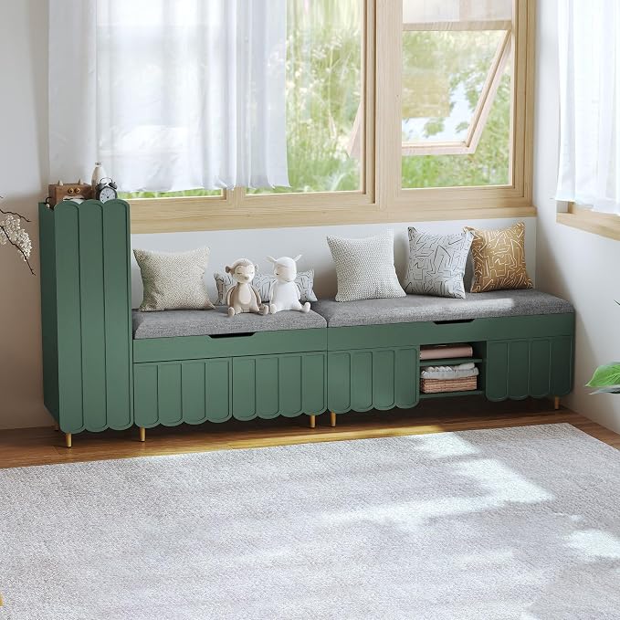 3More 40" Entryway Shoe Storage Bench,Upholstered Hidden Space Beneath Seat Cushion Bench,2-Tier Unique Geometric Shape with Wood Grain,Green - Image 9
