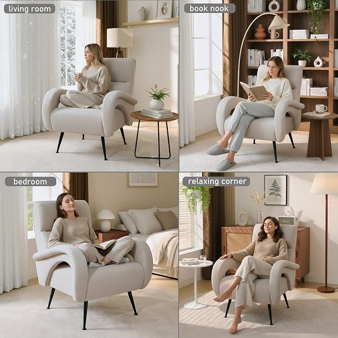 Corduroy Living Room Accent Chairs, Comfy High Back Reading Chair with Curved Arms and Solid Legs, Upholstered Armchair for Bedroom, Reading Nook, Apartment, Beige