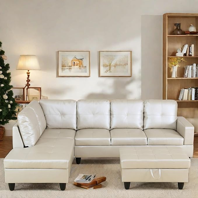 FONTOI L Shaped Sectional Couch with Otttoman, 97" Leather Sectional Sofa for Living Room Modular Couches with Cup Holders for Bedroom, Apartments, Light Grey