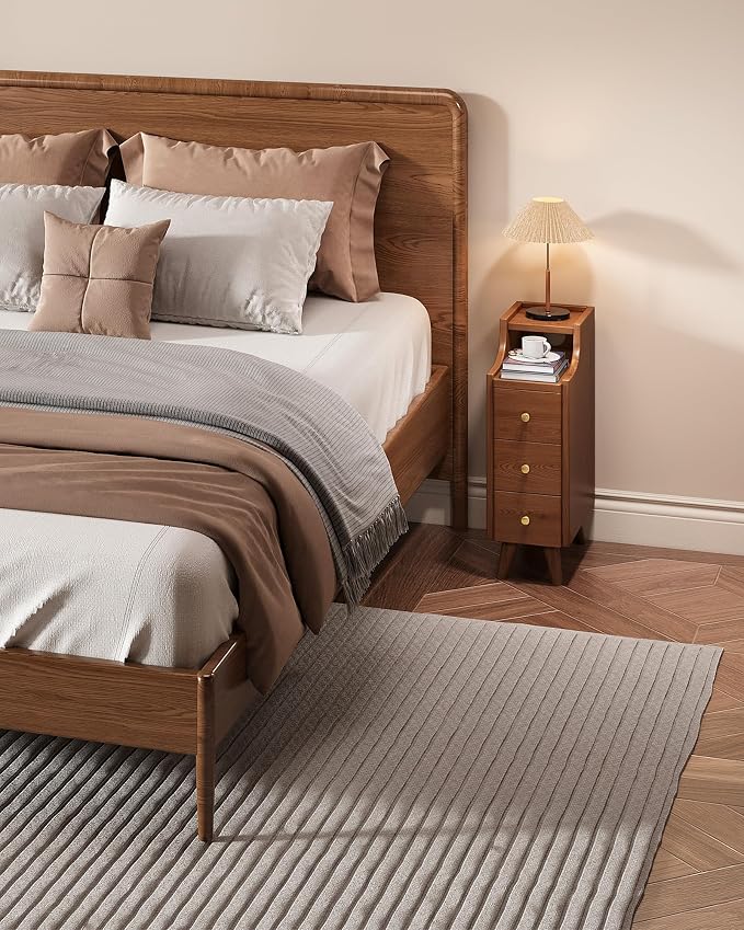Narrow Nightstand with Drawers, 7.9" Solid Wood Nightstand with Open Shelf & Cable Hole, Modern Night Stand Slim Bedside Table for Small Spaces, Bedroom, Living Room, Study - Image 7