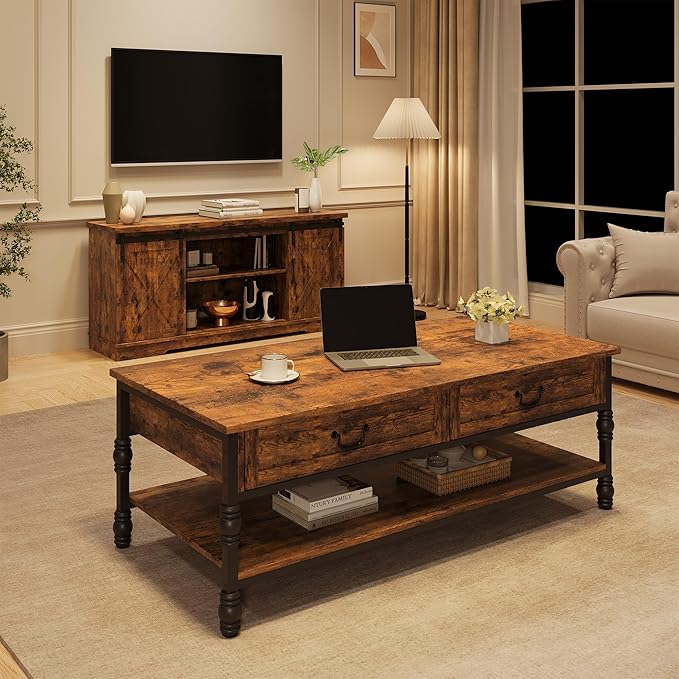 IDEALHOUSE Coffee Table with Drawers 41" Large Center Table with Storage Rectangular Cocktail Table Mid Century Wooden Coffee Tables Retro Living Room Table Vintage Tea Table, Rustic Brown