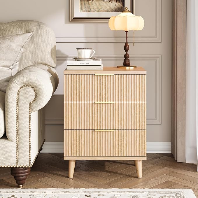 Fluted Night Stand, 20 inch Modern Nightstand with Charging Station Wood Bedside End Table with 3 Large Storage Drawers, Tall Side Table for Bedroom Sofa Office, Oak Natural - Image 8