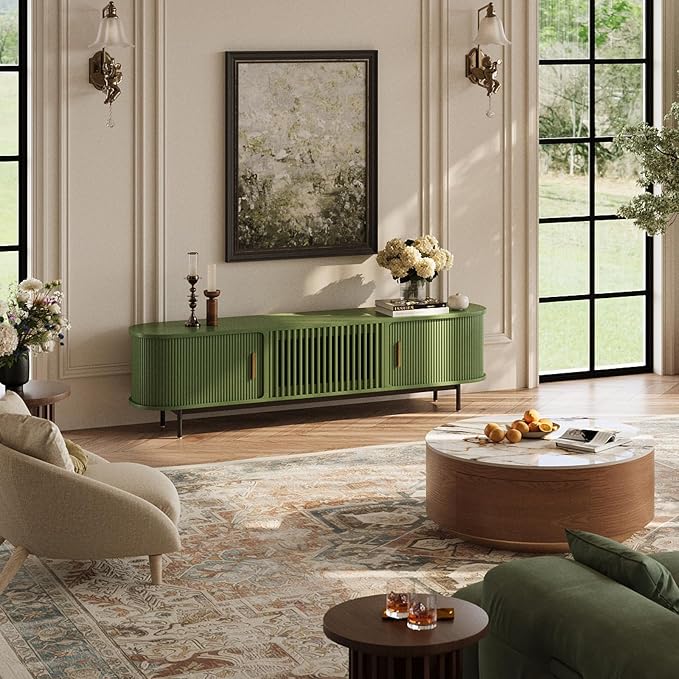 POVISON Fully-Assembled Modern Green TV Stand with Tambour Doors, Fluted TV Media Console for 65 Inch TVs, Sliding Door Entertainment Center with Storage for Living Room (Green, 70.87") - Image 8