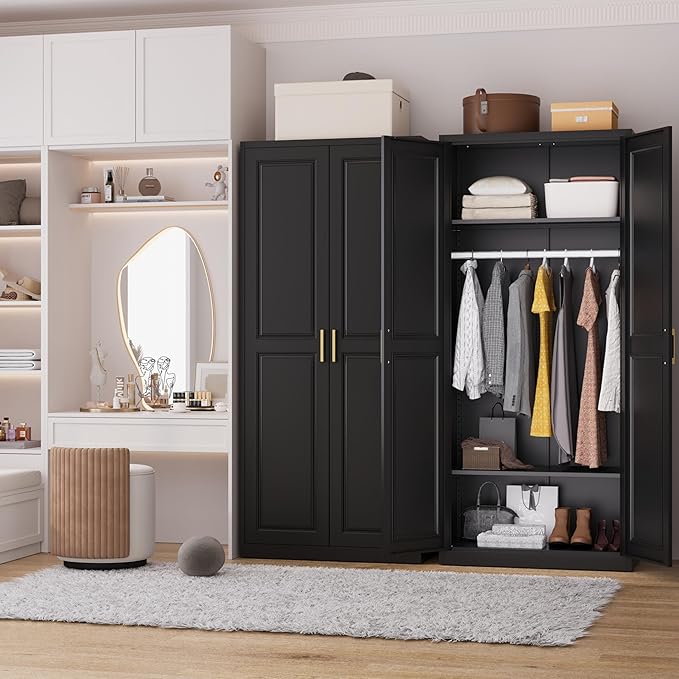 Polup Metal Armoire Wardrobe Closet with Hanging Rod, 71" Tall Wardrobe Cabinet for Clothes, Black Clothing Storage Cabinet with Doors and Shelves, Large Wardrobes for Bedroom, Office, School, Gym