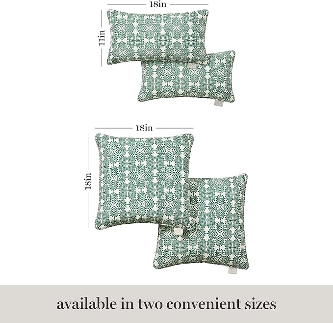Martha Stewart Tulum Indoor Outdoor Decorative Pillow 2-Pack Set, UV Fade Resistant, Water Repellent, Printed Modern Design, Green, 18"x18"