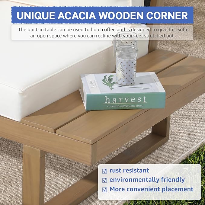 Soleil Jardin 4 Piece Acacia Wood Patio Furniture L-Shaped Outdoor Sectional Sofa Set with Coffee Table, FSC Certified Conversation Set with Built-in Side Table and Cream White Cushions for Garden
