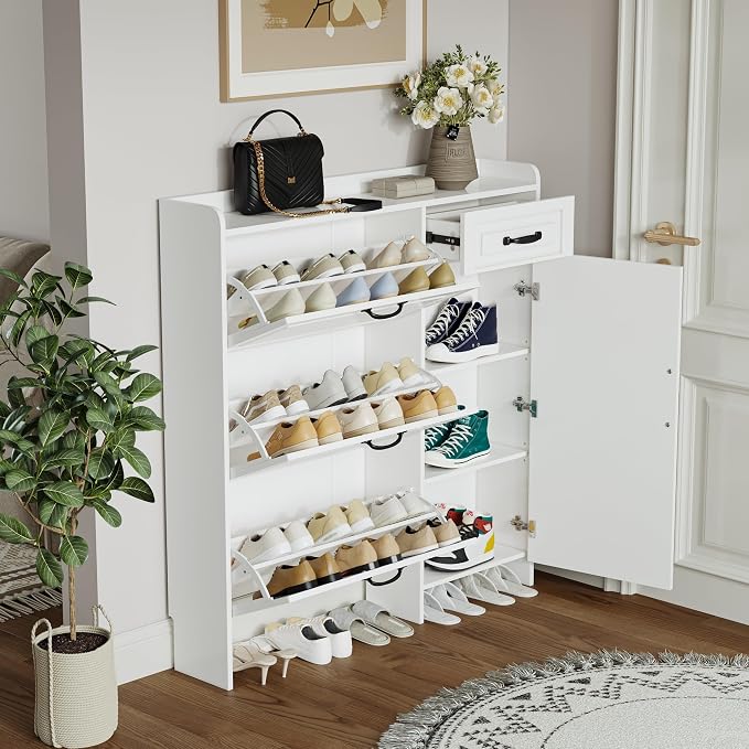 Shoe Cabinet for Entryway, Freestanding Shoe Storage Cabinet with 3 Flip Drawers and Side Cabinet, Narrow Shoe Rack Organizer with Adjustable Shelves, Modern Slim Hidden Shoe Cabinet, White - Image 9