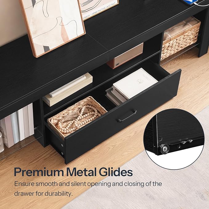 HOOBRO LED TV Stand with Power Outlets to 65 inch TV, Gaming Entertainment Center with Glass Shelves and Large Drawer, Modern Media TV Console Table for Living Room Bedroom, Black BB160UDDS01G1 - Image 9