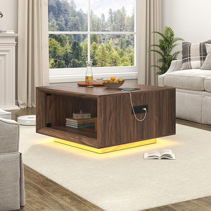 32" Mid Century Modern Coffee Table for Living Room, Square Center Table with LED Light & Power Outlet, Cocktail Table with Storage, 2-Tier Minimalist, Deep Beveled Edge, Wood Thick Design, Walnut