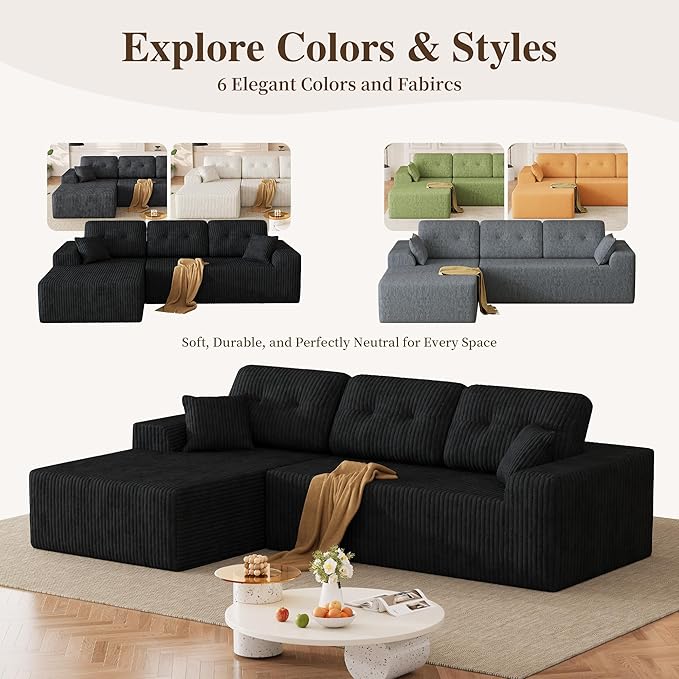 Ball & Cast 106" Boneless Sectional Sofa, Corduroy Modular L Shaped Couch with Deep Seat Chaise, Cloud Style Oversized Sectional Couch for Living Room, No Assembly, Left Facing, Black
