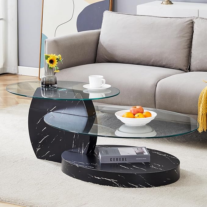 Ebullient Glass Coffee Table, 42" Round Coffee Table, 2-Tier Glass Tabletop with Black Faux Marble Pattern Base, Easy to Maintain and Assemble, Ideal for Dining Room, Living Room