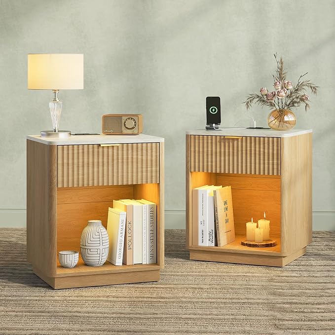 24” Tall Nightstand - Fluted Night Stand with Charging Station & LED Light Faux Marble Top Bedside Table with Curved Profile Design for Bedroom/ 1 Drawer, Natural Wood - Image 7
