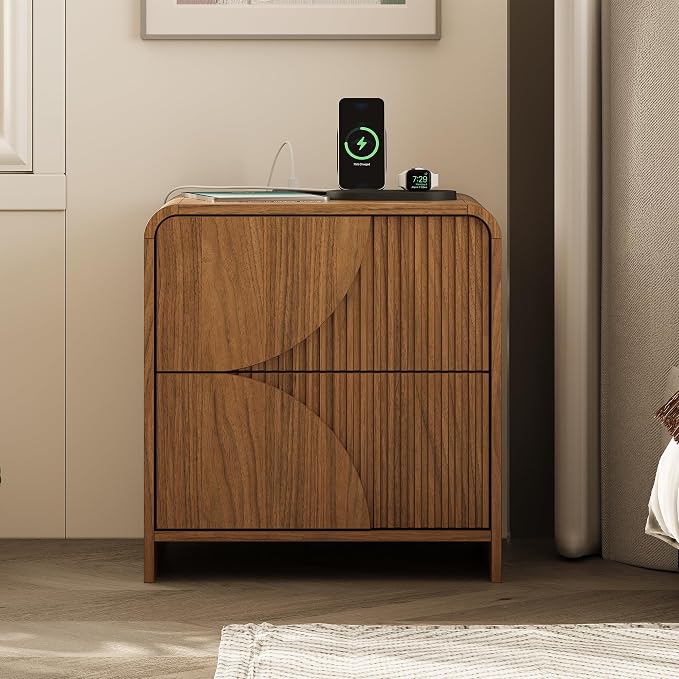 Nightstand Set of 2,Fluted Nightstand with Charging Station, 20" Side Table with 2 Drawers Modern Night Stand Wooden End Table Bedside Table with Curved Design for Bedroom,Walnut - Image 8