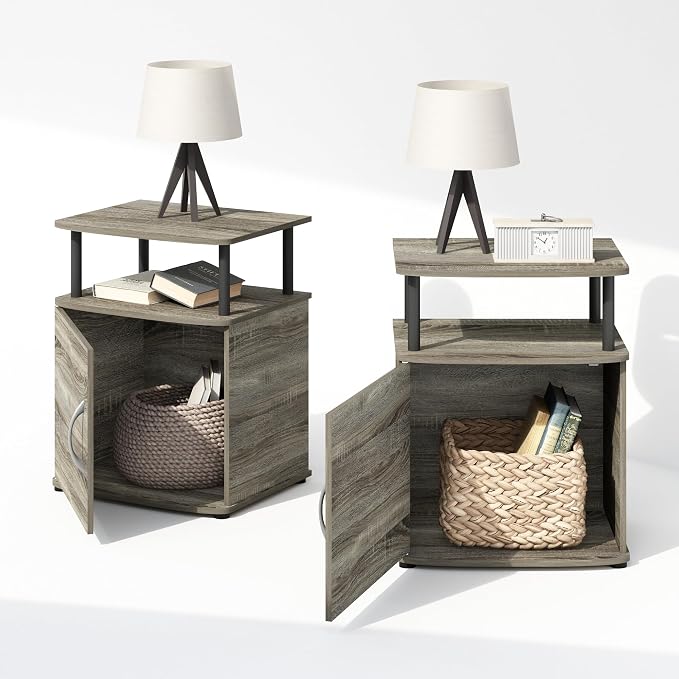 Furinno TIDUR Night Stand Set of 2, Nightstand with Open Shelf and Door Cabinet, Round Corner Bedside Table, End Table, Side Table, for Bedroom, Closet, Dorm, French Oak - Image 7