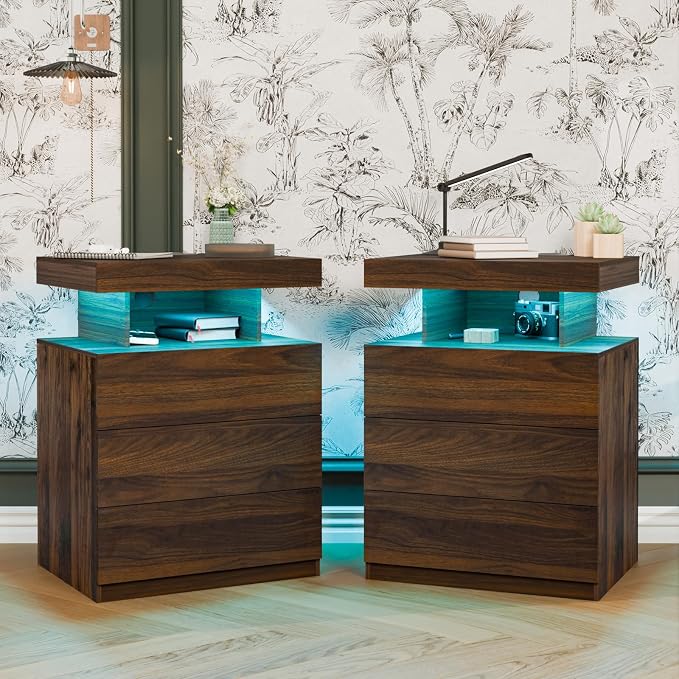 HOMMPA Set of 2 Walnut Nightstands with Wireless Charging Station High Gloss Night Stand Tall with 3 Drawers Bedside Table with USB Type C Charging Adjustable LED Lights for Bedroom - Image 9