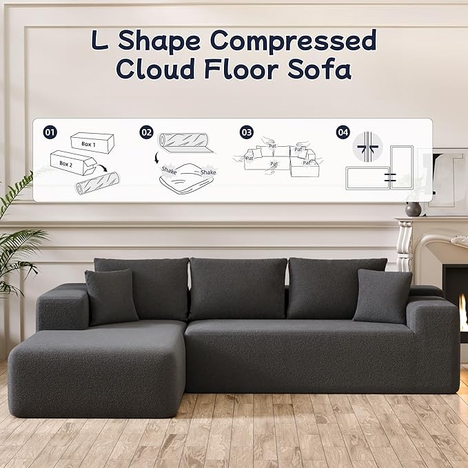 104” Sectional Cloud Couch, L-Shape Compressed Sofa with Right Chaise Lounge, Modular Cloud Couch with 2 Pillows & Deep Seat, Rain Drop Velvet Floor Sofa for Living Room, Dark Gray