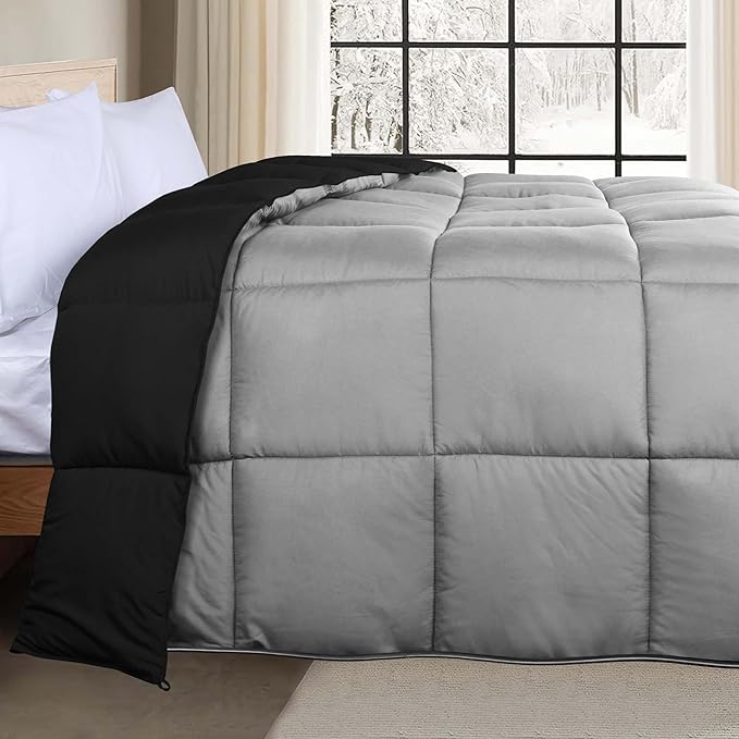 Superior Brushed Microfiber Comforter, Down Alternative Bedding, Medium Weight, Soft Bed Cover, Plush Duvet Insert, Oversized Blanket, Box Quilt, Reversible Comforter, Twin, Black-Grey