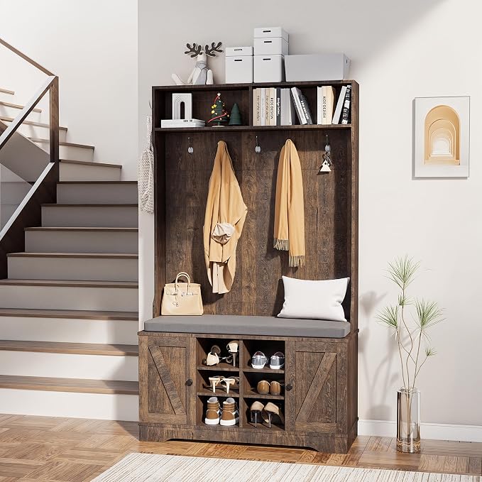 71" Hall Tree with Bench and Shoe Storage, Entryway Hall Tree with 2 Doors and 6 Adjustable Shelves, Cushioned Storage Bench with Coat Rack for Hallway, Living Room, Mudroom - Image 9