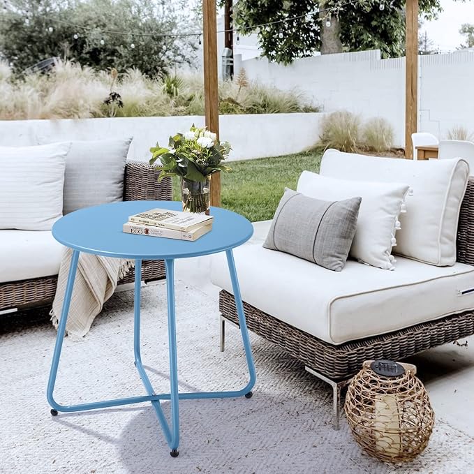 Meluvici Patio Outdoor Side Table Waterproof Round Metal Steel Small Side Table Weather Resistant Portable Outdoor and Indoor End Table for Garden Balcony Yard, Blue - Image 7
