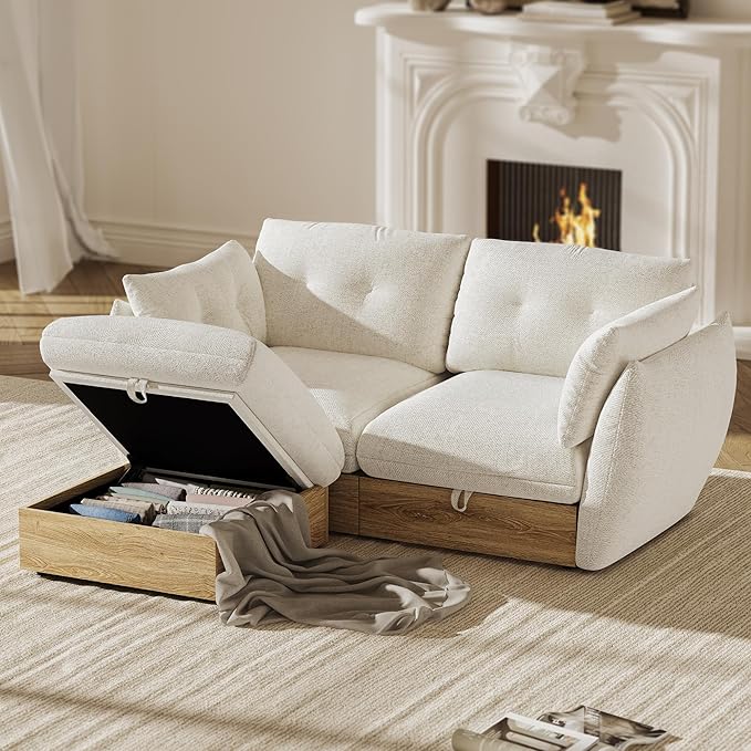 70" L Shaped Sofa Modular Sectional Cloud Couch with Storage, Cotton and Linen Fabrics Modern Oversized Deep Seat Sofa with Armrest Pillow, Easy Assembly for Living Room, Apartment, Ivory
