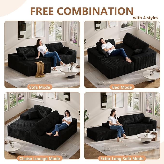 Ball & Cast 106'' Convertible Sectional Sofa for Living Room,Modern Modular L-Shaped Couch,Boneless Comfy Corduroy Fluffy Couch with Deep Seat,Hight Weight Capacity, Black,Left Facing Chaise