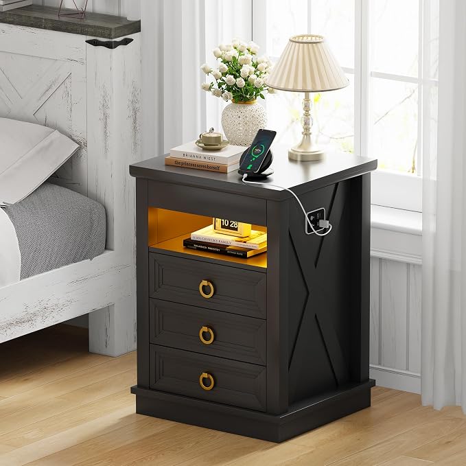 HNEBC Set of 2 Smart Night Stand with Gun Drawer,LED Nightstand with Charging Sation,Bedside Table with 3 Color Lights,End Table with Glass Desktop,3 Drawers,Bedroom,Black - Image 9