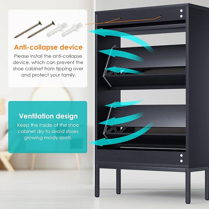 Yechen Shoe Rack Storage Organizer with 2 Natural Semi-Circular Rattan Doors, Entryway Wooden Shoe Cabinet for Sneakers, Leather Shoes,Heels (2 Piece, Black) - Image 7