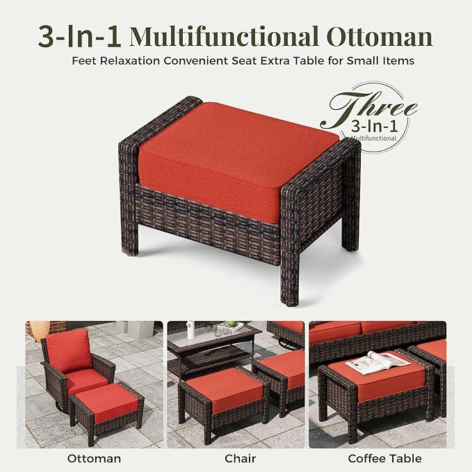 8-Piece Wicker Patio Furniture Set, Sectional Conversation Set with 2 x Swivel Chairs, 2 x Ottomans, 1 x 3-Seater Sofa, All-Weather Wicker Patio Conversation Set with 56" Fire Pit Table, Red