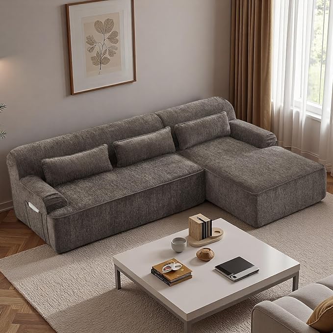 L-Shaped Sectional Sofa, Luxury Upholstered Chenille 3-Seater Sofa with Right Chaise Lounge & 3 Lumbar Pillows, Modern Comfy Oversized Couch with Side Pocket for Living Room, Apartment, Brown