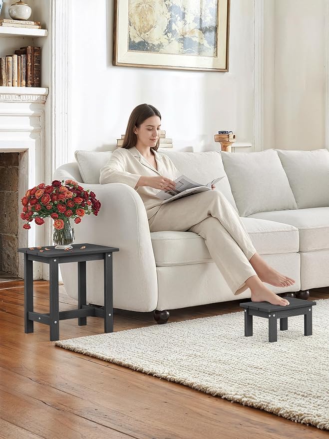 LUE BONA Outdoor Side Table, 2-Tier HDPS Outdoor Nesting End Table with Removable Small Foot Stool for Patio, Deck, Poolside, Low Maintenance & Weather Resistant,Dark Gray - Image 7