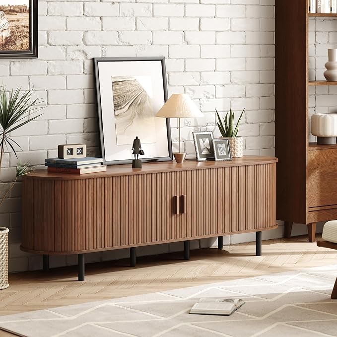 ONBRILL 70.8" TV Stand with Power Outlet for TVs up to 75 Inch, Entertainment Center with Storage and Adjustable Shelves, Modern Media Console with Sliding Doors for Living Room, Walnut - Image 8