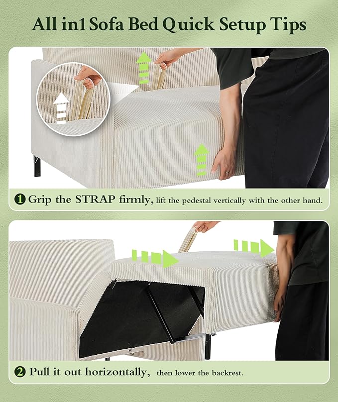 47.2" Convertible Sofa Bed Couch, Comfy Corduroy Couch Bed, All in 1 Loveseat Sleeper Sofa, Love Seat Sleeper Bed 2 Pillows, Modern Couches for Living Room/Apartment/Home/Office, Cream White