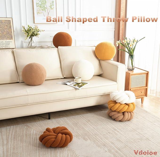 Brown Knot Pillow 13.7'' Round Throw Pillow Soft Plush Knot Ball Pillow Handmade Knotted Pillow Modern Home Decorative Knotted Pillow Cushion for Bed Bedroom, Sofa, Couch