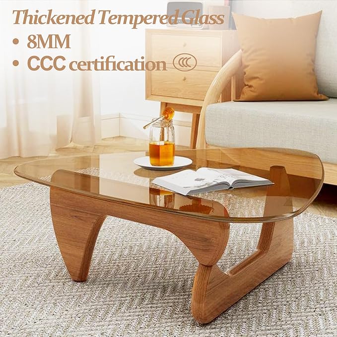 Small Coffee Table, Modern Glass Coffee Tables for Living Room, Mid Century Coffee Table, Funky Minimalist Center Tables for Bedroom Reception Office (Walnut Brown, 31.5in)