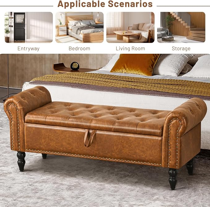 Furniliving Storage Ottoman Bench, Leather Benches End of Bed Bench with Solid Wood Legs Upholstered Ottoman Bench with Storage Indoor Bench for Living Room with Rolled Arm, Entryway, YellowBrown - Image 9