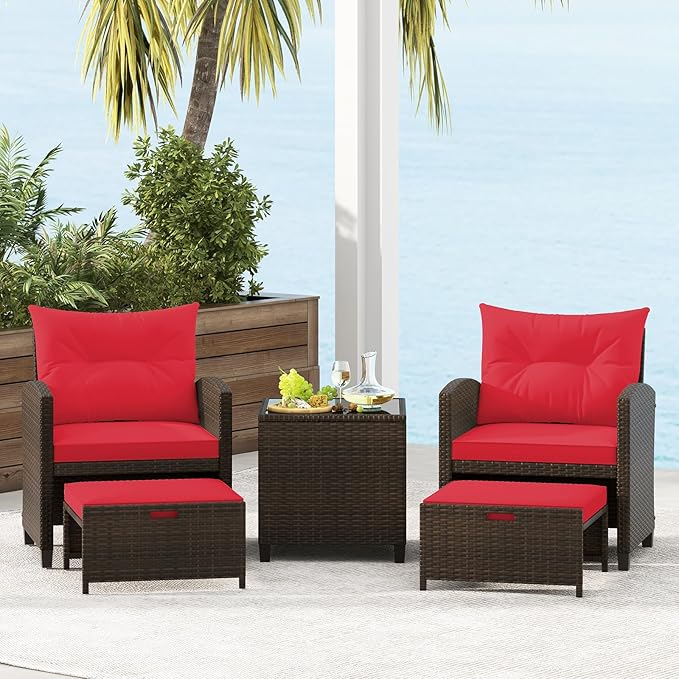 KOTEK 5 Pieces Patio Furniture Set with Ottomans, Wicker Patio Conversation Set with Coffee Table & Cushions, PE Rattan Outdoor Lounge Chairs for Backyard, Porch, Poolside (Mix Brown- Red)