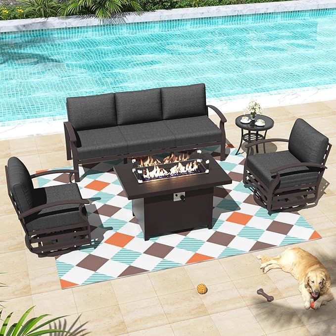 ALAULM Aluminum Patio Furniture Set with Propane Fire Pit Table 5-seat Metal Outdoor Furniture w/Fire Pit Patio Sectional Sofas w/5.1" Cushions for Patio, Backyard, Poolside-Black