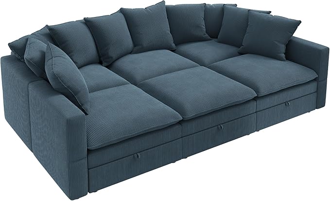 HONBAY Modular Sectional Sleeper Sofa, Corduroy 6 Seater Couch with Storage, Sectional Sleeper Couches for Living Room, Blue