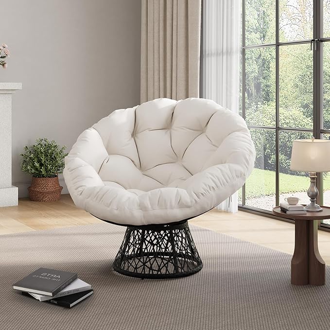 Garvee Papasan Chair, 37" Ergonomic Wicker Papasan Chair with Extra-Thick Soft Fabric Cushion, Heavy-Duty Steel Frame, 360° Swivel Base for Living Room, Bedroom & Reading Nook – White - Black Stand