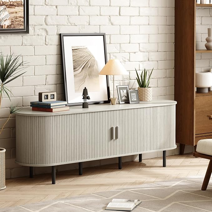 ONBRILL 70.8" TV Stand with Power Outlet for TVs up to 75 Inch, Entertainment Center with Storage and Adjustable Shelves, Modern Media Console with Sliding Doors for Living Room, Natural White - Image 8