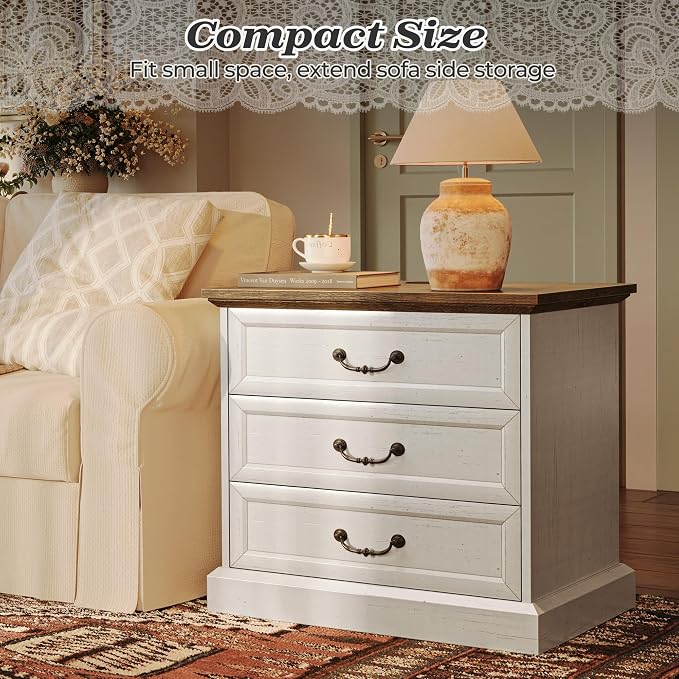 Huuger Nightstand with Charging Station, 3 Drawer Night Stand, 22 Inch Wider Side Table with Storage, Farmhouse Nightstand with Vintage Handles, Thicken Base, for Bedroom, Distressed White - Image 9