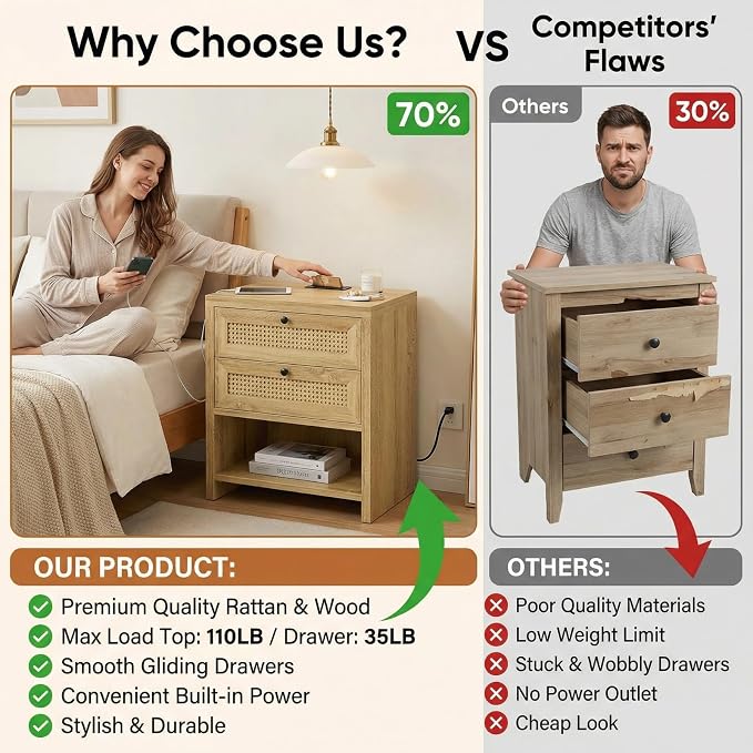 LIKIMIO Night Stand, 23" Wide Rattan Nightstand with Charging Station, Boho Side Table with 2 Drawers and Open Shelf, Bedside Table for Bedroom, Natural Oak - Image 9