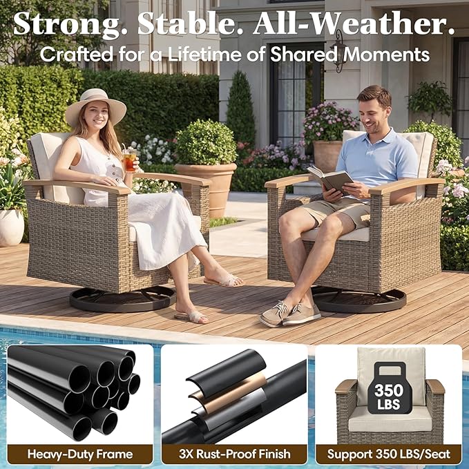 MELLCOM 5 Piece Outdoor Chairs Set- Patio Furniture Set withSide Table and 2 Ottoman, Swivel Glider Chair Set for Balcony, Porch
