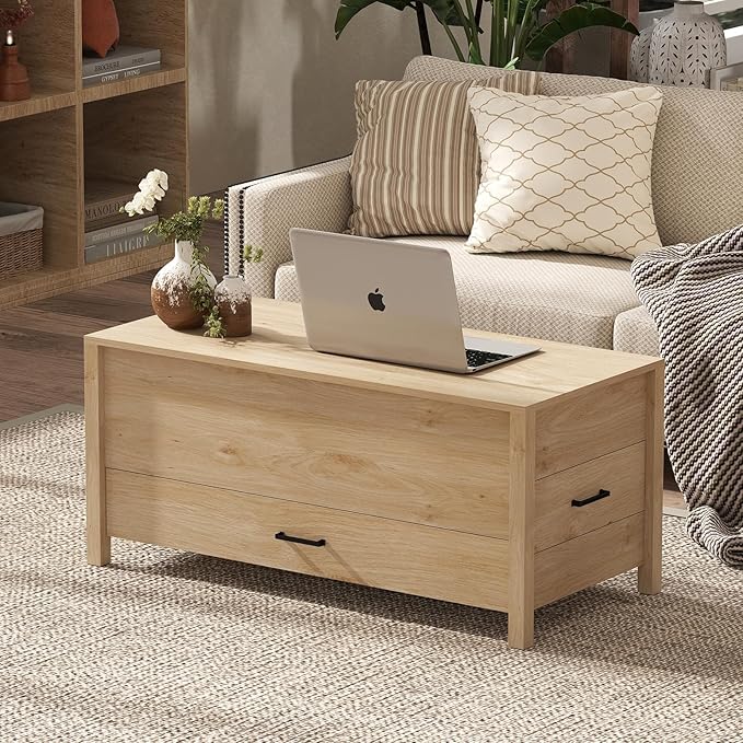 Bonzy Home Lift Top Coffee Table, Wooden Center Table with 3 Drawers and Hidden Compartments, Rectangle Coffee Table for Living Room, Natural Oak