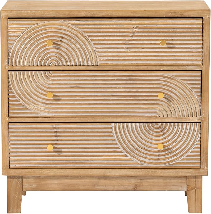 COZAYH 3-Drawer Farmhouse Dresser with Handicraft Wood Ring Motif, Set of 2 Fully Assembled Nightstand Wooden Finish for Boho, Mid-Century, Natural Wood, Rustic - Image 9
